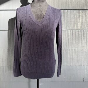 Tommy Hilfiger Women's Navy Cable Knit V-Neck Long Sleeve Fitted Sweater Medium!